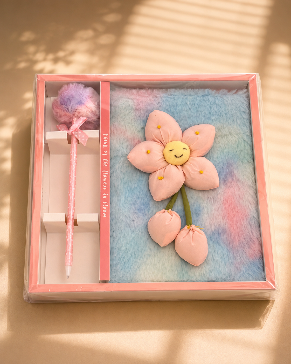 "Time of the Flowers in Bloom" Fluffy Notebook Gift Set – Pom-Pom Pen & Flower Plush