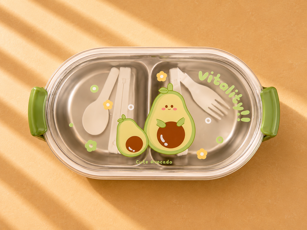 Kids Stainless Steel Lunch Box – 2-Compartment with Clear Lid & Cutlery