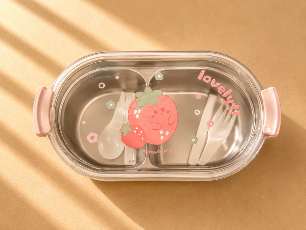Kids Stainless Steel Lunch Box – 2-Compartment with Clear Lid & Cutlery