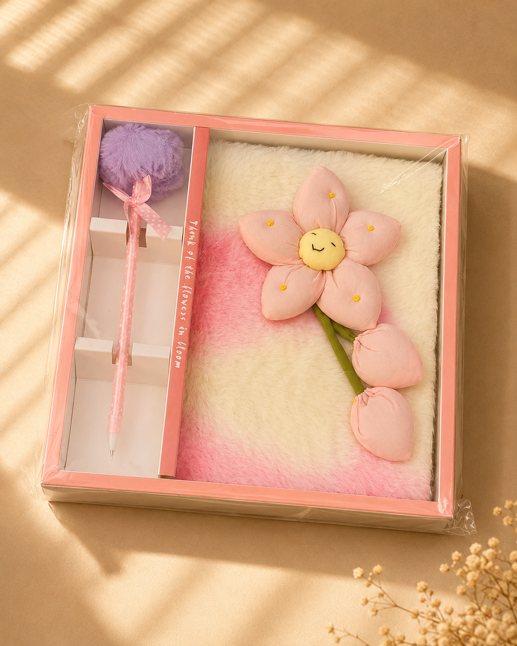 "Time of the Flowers in Bloom" Fluffy Notebook Gift Set – Pom-Pom Pen & Flower Plush