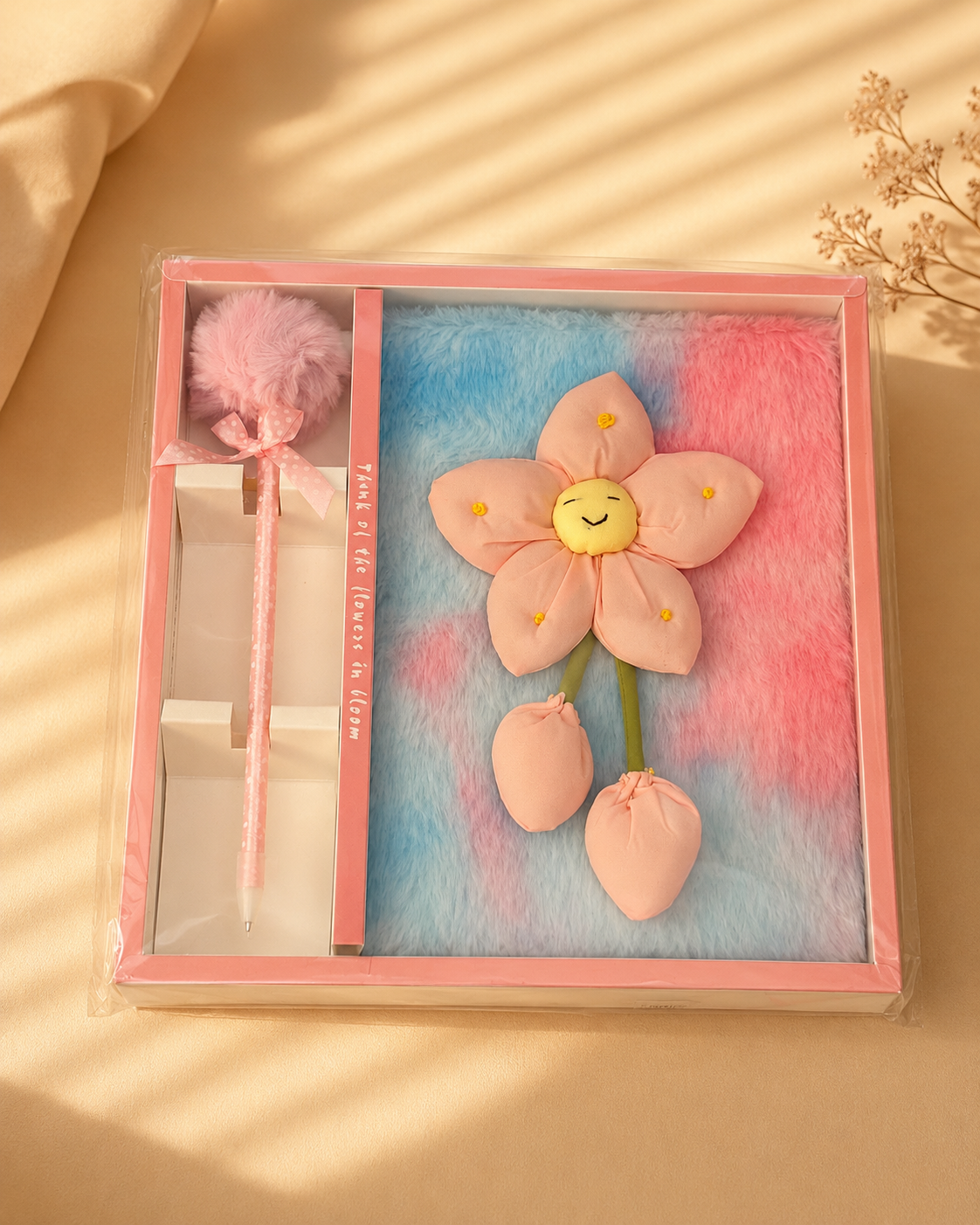 "Time of the Flowers in Bloom" Fluffy Notebook Gift Set – Pom-Pom Pen & Flower Plush