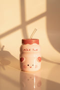 Milk Tea Kawaii Ceramic Mug – Cute Smiley Face Cup with Glass Straw