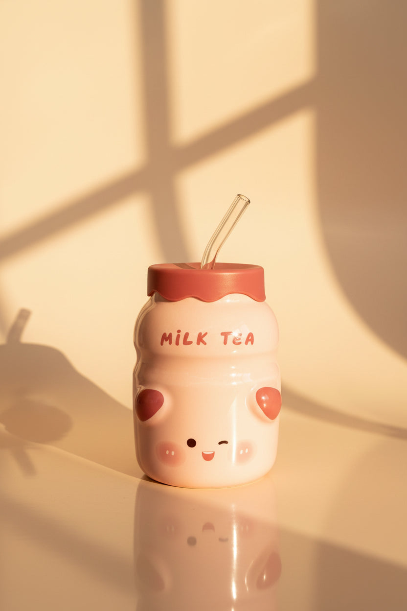 Milk Tea Kawaii Ceramic Mug – Cute Smiley Face Cup with Glass Straw