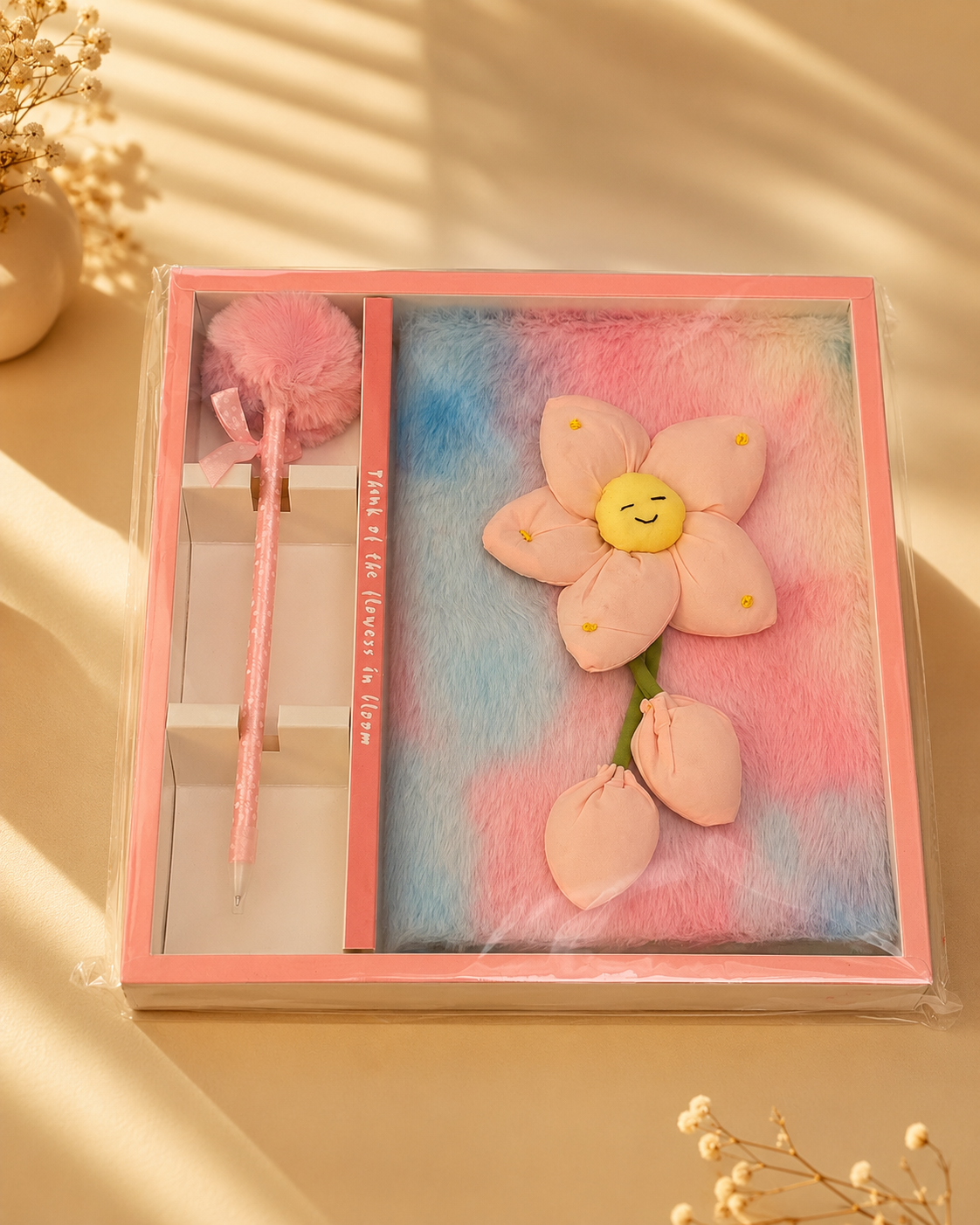 "Time of the Flowers in Bloom" Fluffy Notebook Gift Set – Pom-Pom Pen & Flower Plush