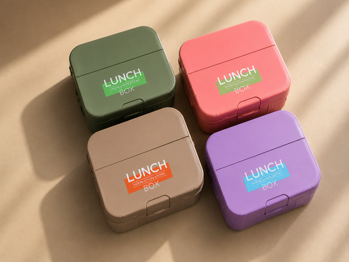 Compact lunch boxes in four colors: green, pink, beige, and purple