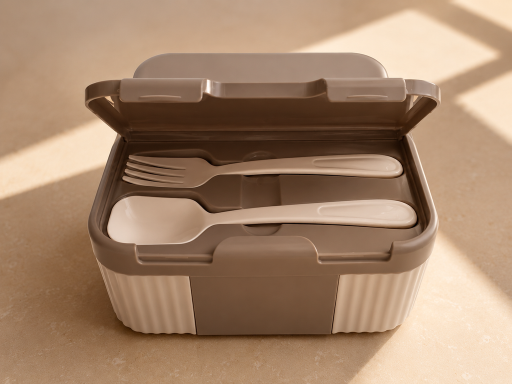 Lunch box open showing built-in fork and spoon in the lid