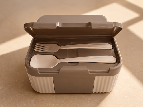Lunch box open showing built-in fork and spoon in the lid