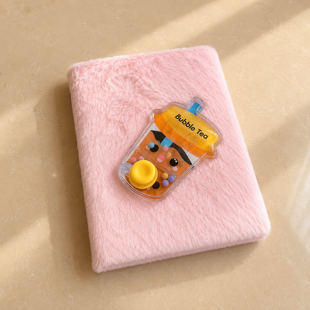 Pink plush notebook with Bubble Tea charm on the cover