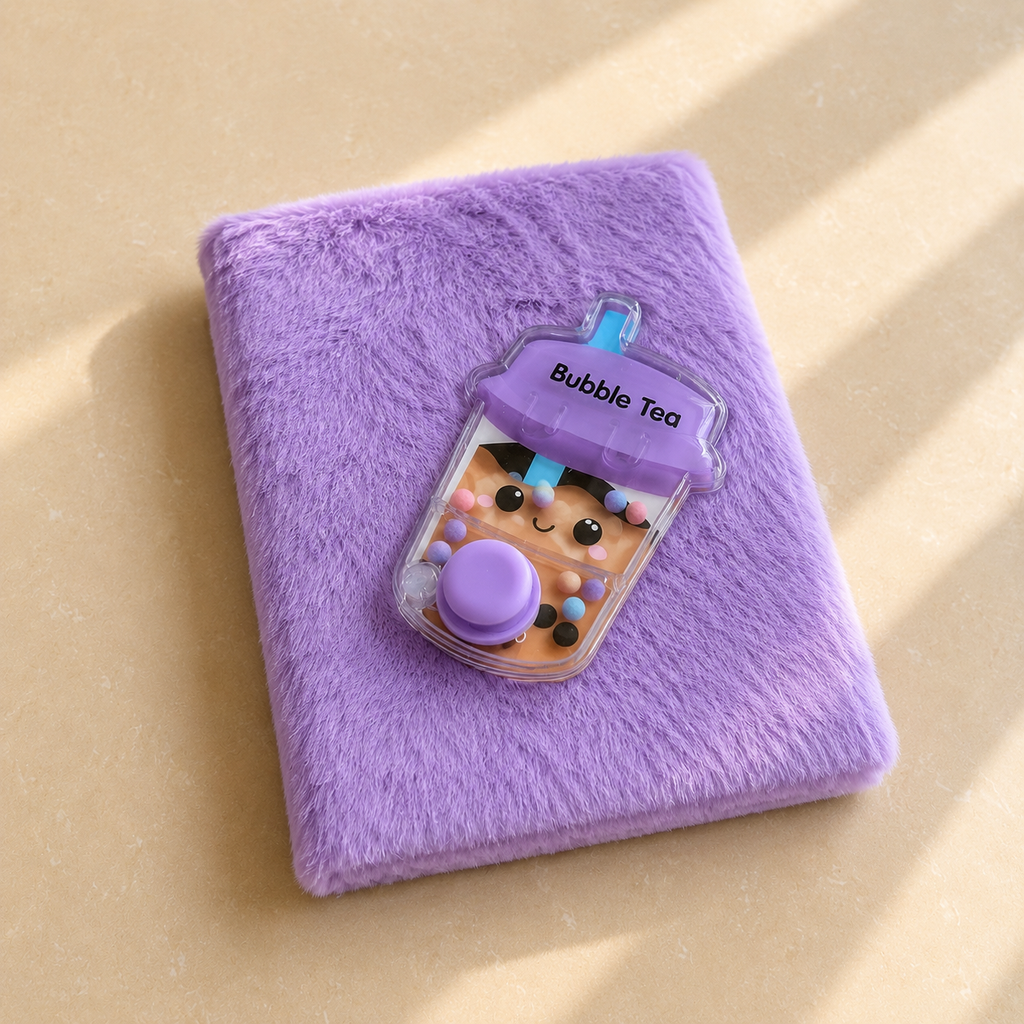 Purple plush notebook with Bubble Tea charm on the cover