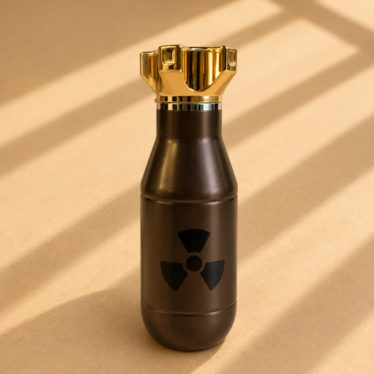 Bomb-shaped insulated water bottle with gold cap and radioactive symbol