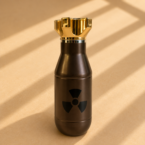Bomb-shaped insulated water bottle with gold cap and radioactive symbol