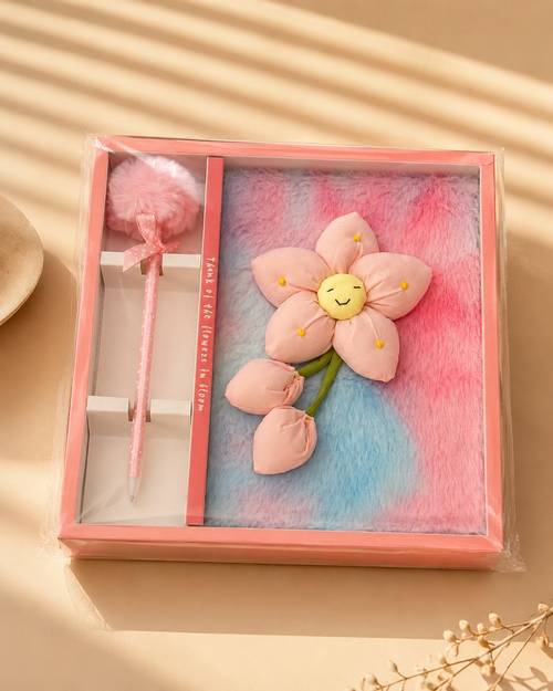 "Time of the Flowers in Bloom" Fluffy Notebook Gift Set – Pom-Pom Pen & Flower Plush