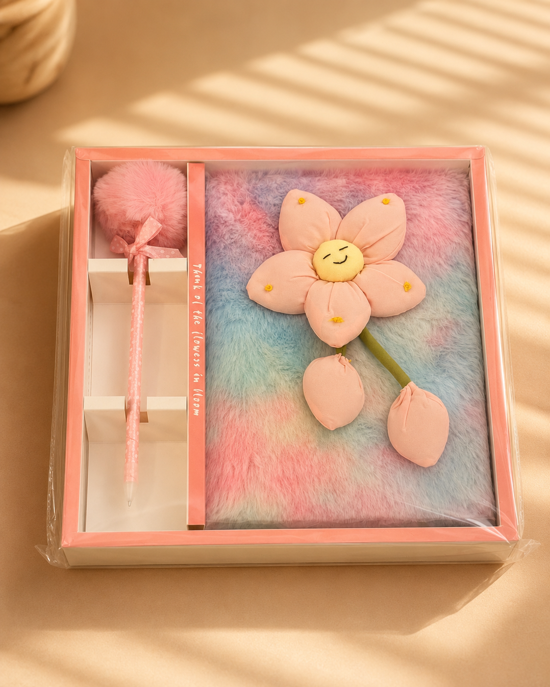 "Time of the Flowers in Bloom" Fluffy Notebook Gift Set – Pom-Pom Pen & Flower Plush
