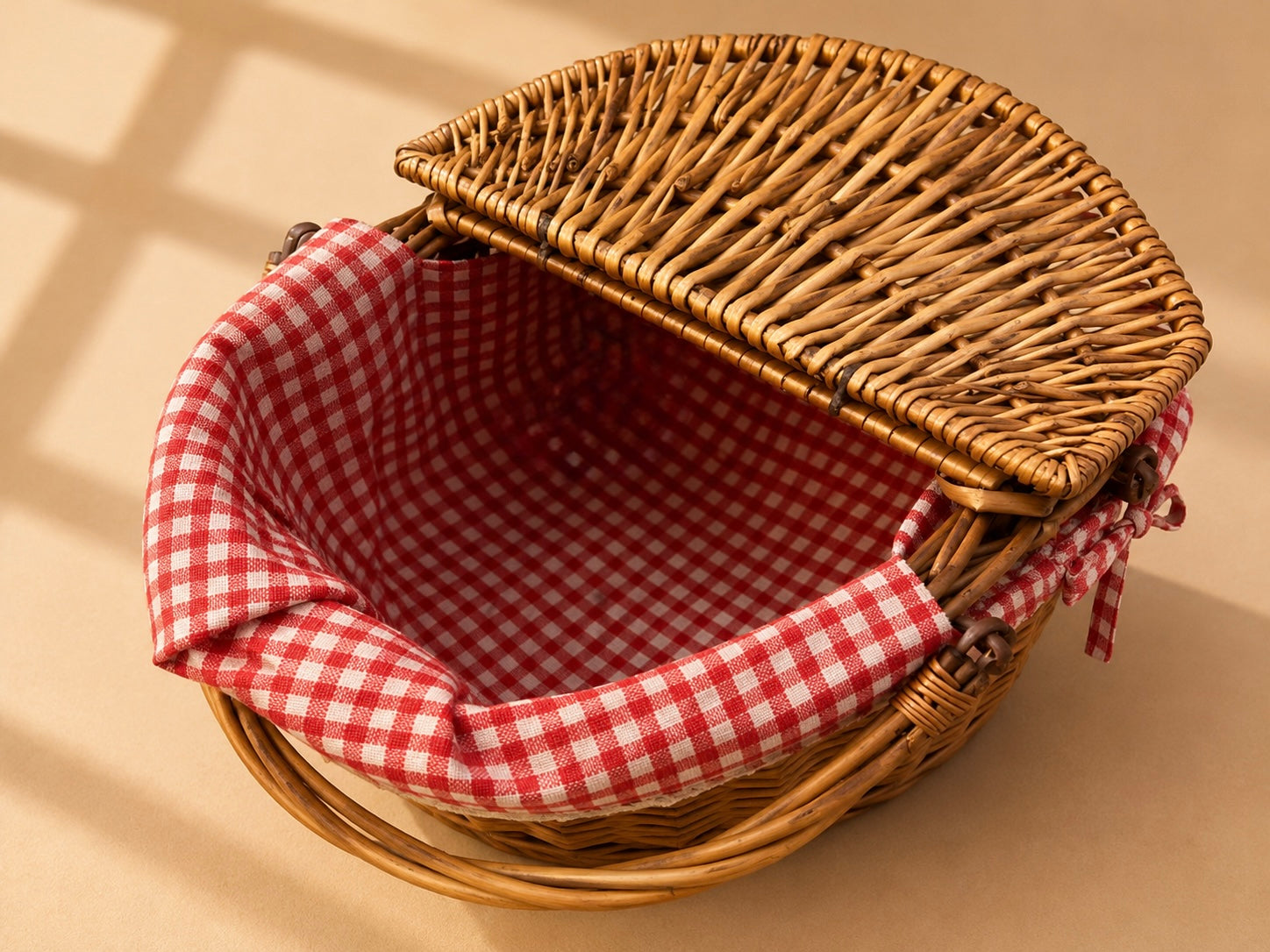 Wicker Picnic Basket – Oval Rattan Basket with Red Gingham Lining & Bow | Medium & Large