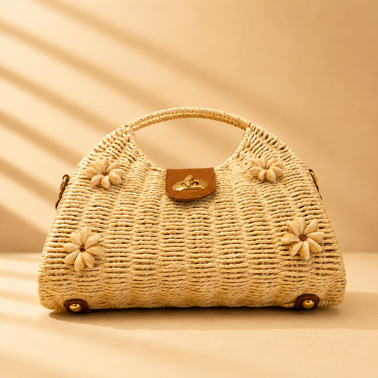 Woven Straw Bag with Shell Flower Embellishments – Summer Beach Handbag