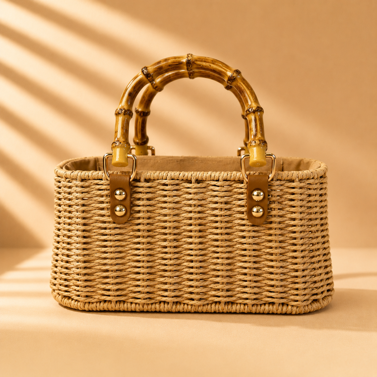 Woven Seagrass Tote Bag with Double Bamboo Handles – Open Top Summer Basket Bag