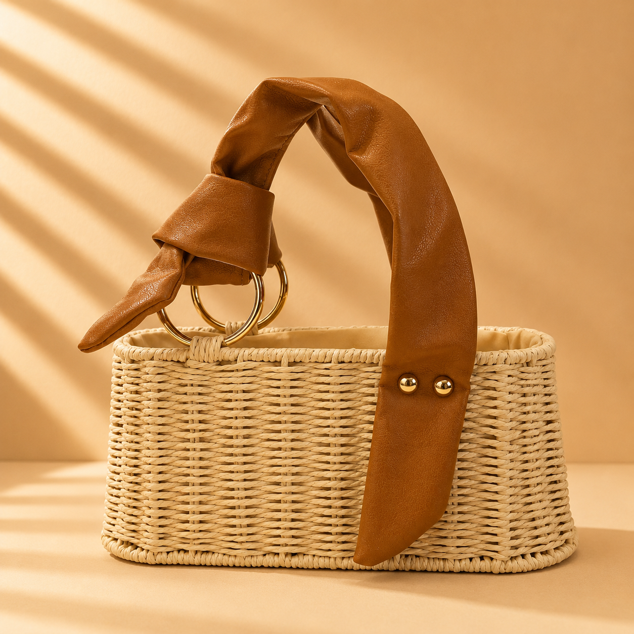 Woven Rattan Tote Bag with Leather Bow Handle – Open Top Summer Basket Bag