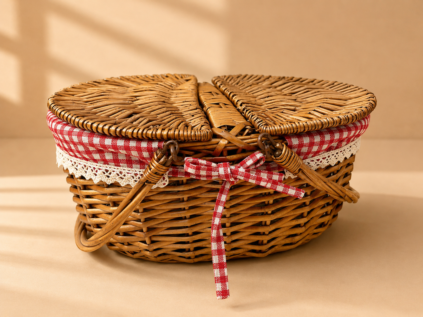 Wicker Picnic Basket – Oval Rattan Basket with Red Gingham Lining & Bow | Medium & Large
