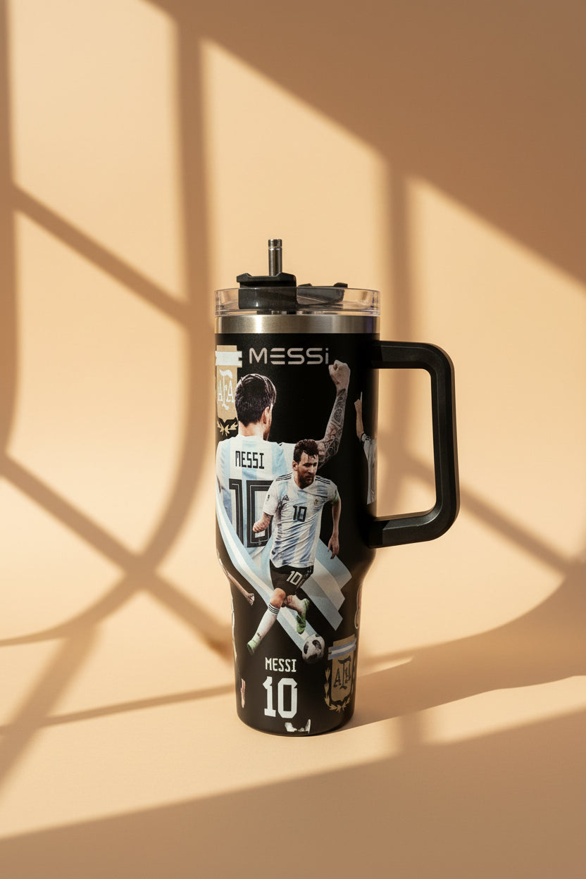 Messi Tumbler – Black Argentina design close-up