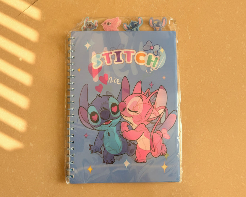 Stitch & Angel Spiral Notebook – Blue love hearts design