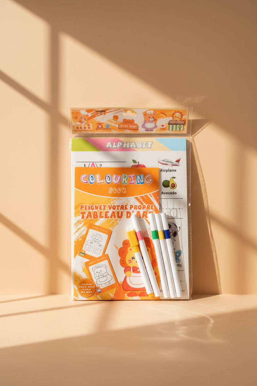 Colouring book with 4 markers and alphabet tracing sheets in Cake Shop packaging
