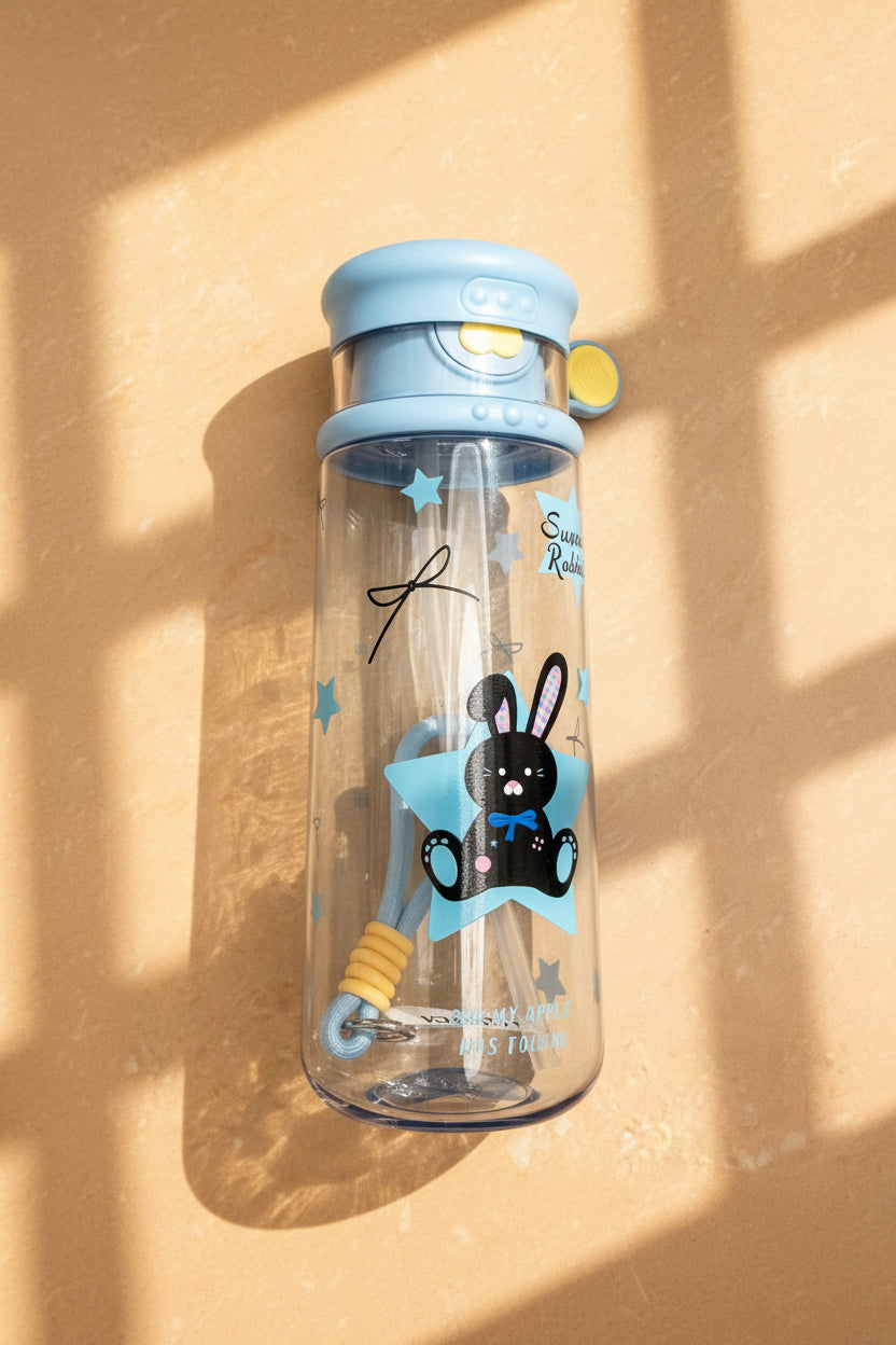 Kids Water Bottle – Blue with Black Bunny star design and built-in straw