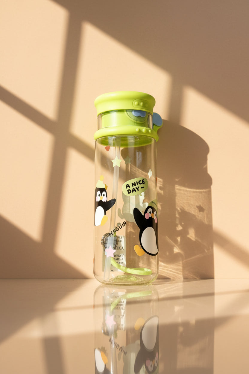 Kids Water Bottle – Green with Penguin A Nice Day print and built-in straw