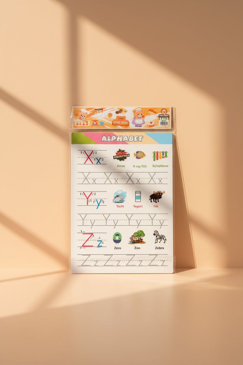 Alphabet tracing sheets showing letters X, Y, Z with illustrated words